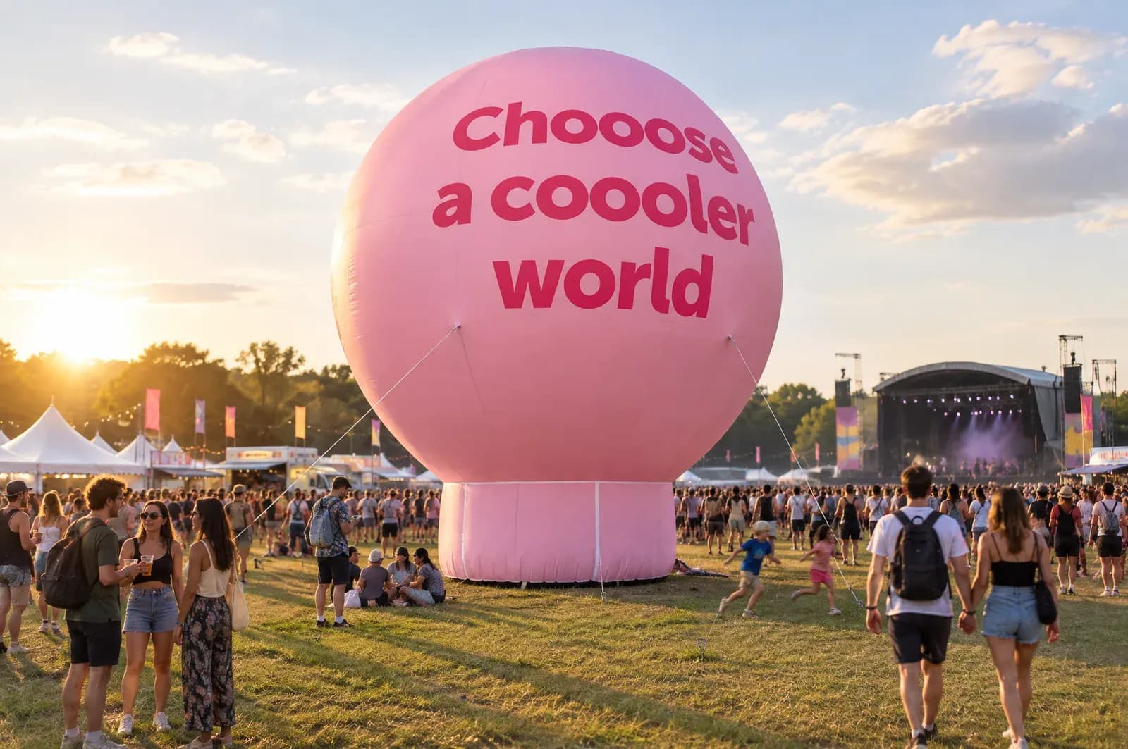 Globo publicitario rosa de más de 10 m en un festival al aire libre, rodeado de gente paseando
