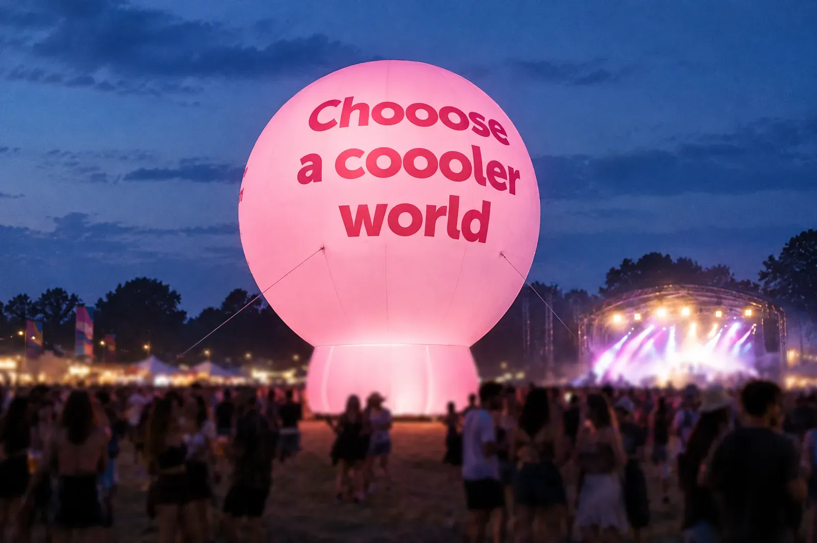 Globo publicitario rosa de más de 10 m iluminado de noche sobre el público del festival
