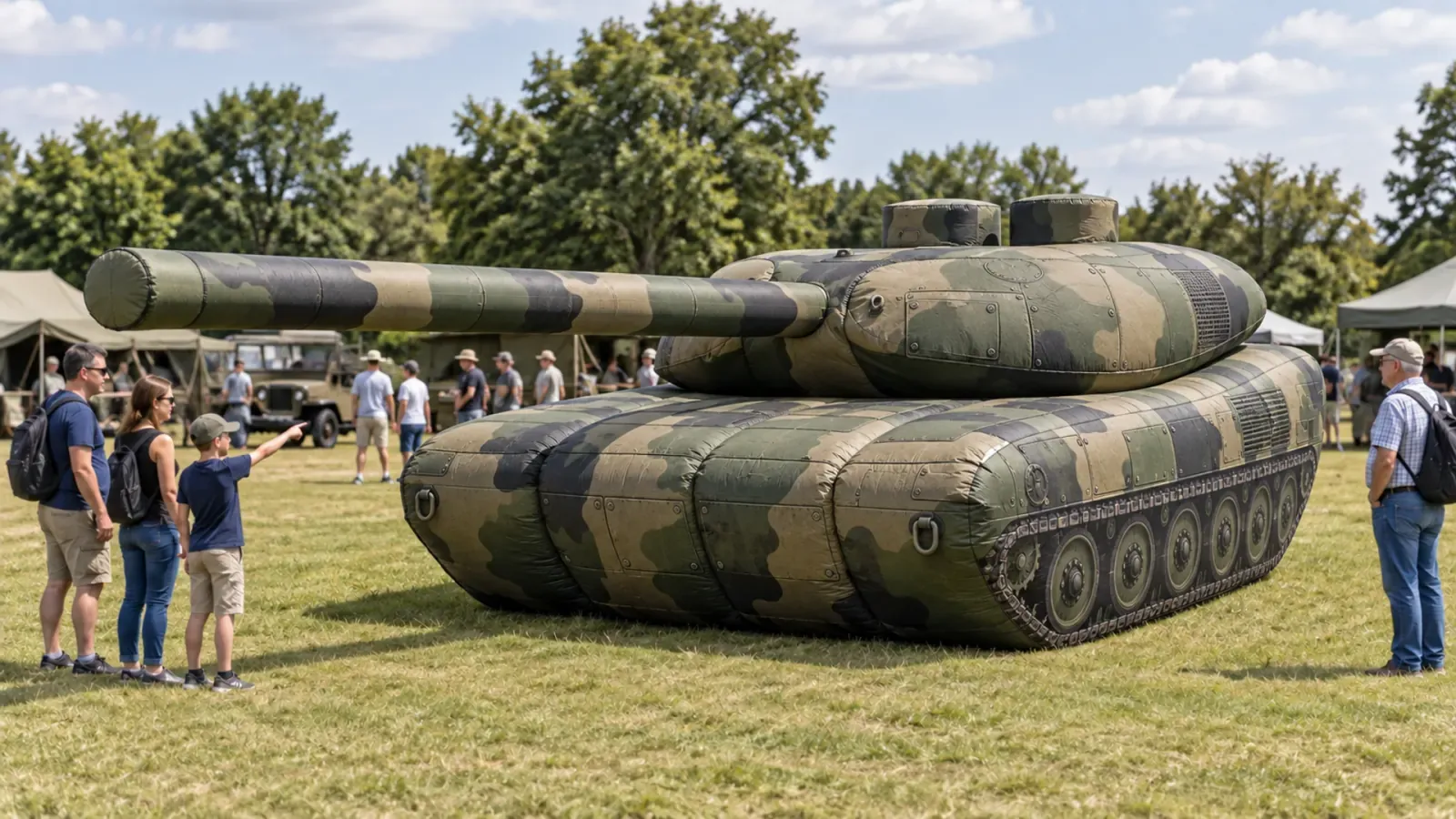 Czołg pneumatyczny widziany od przodu, z lufą skierowaną w lewo, na trawie podczas pokazu plenerowego.