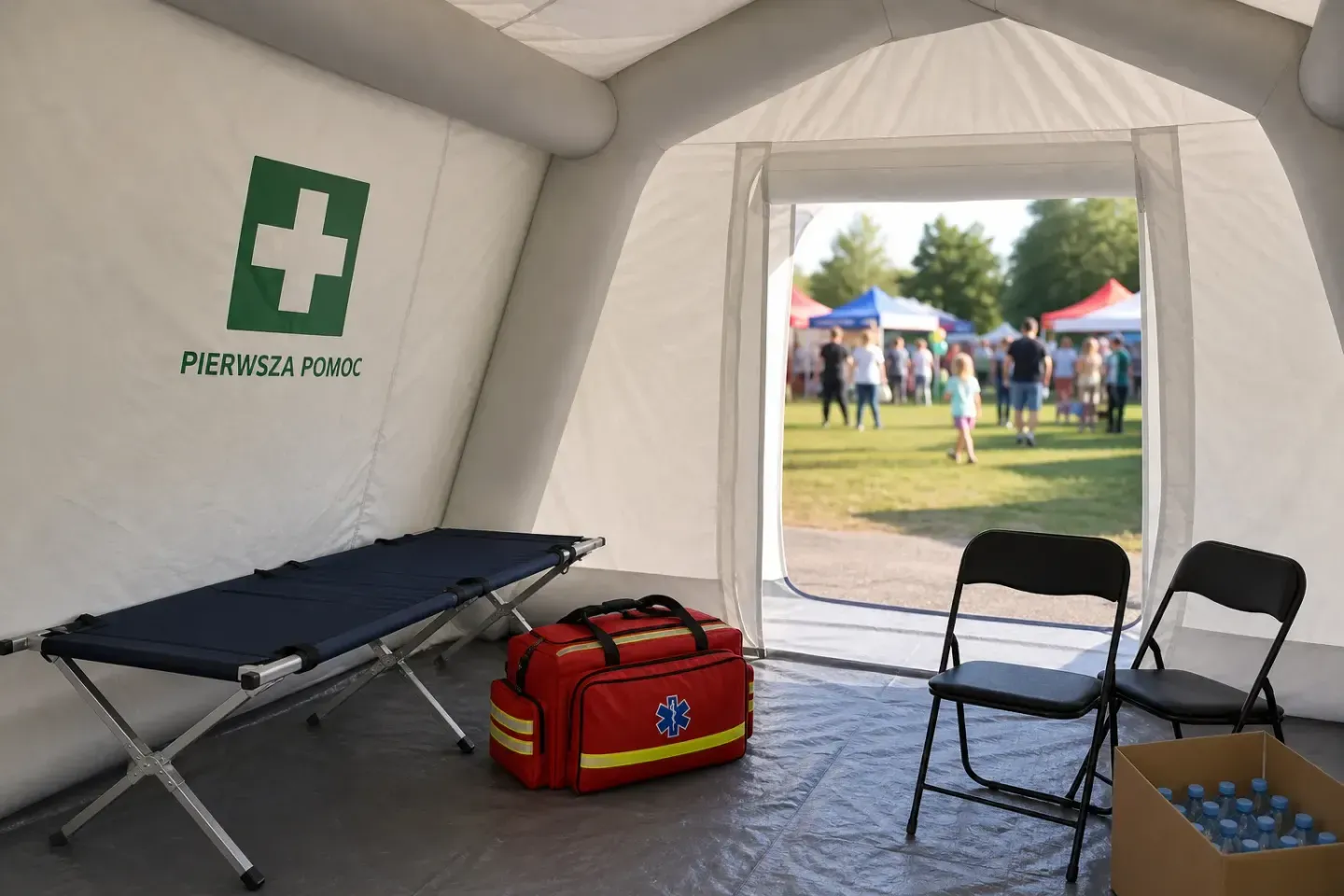 Wizualizacja: wnętrze białego namiotu 5 × 5 m z napisem Pierwsza pomoc, leżanką, torbą ratowniczą i krzesłami