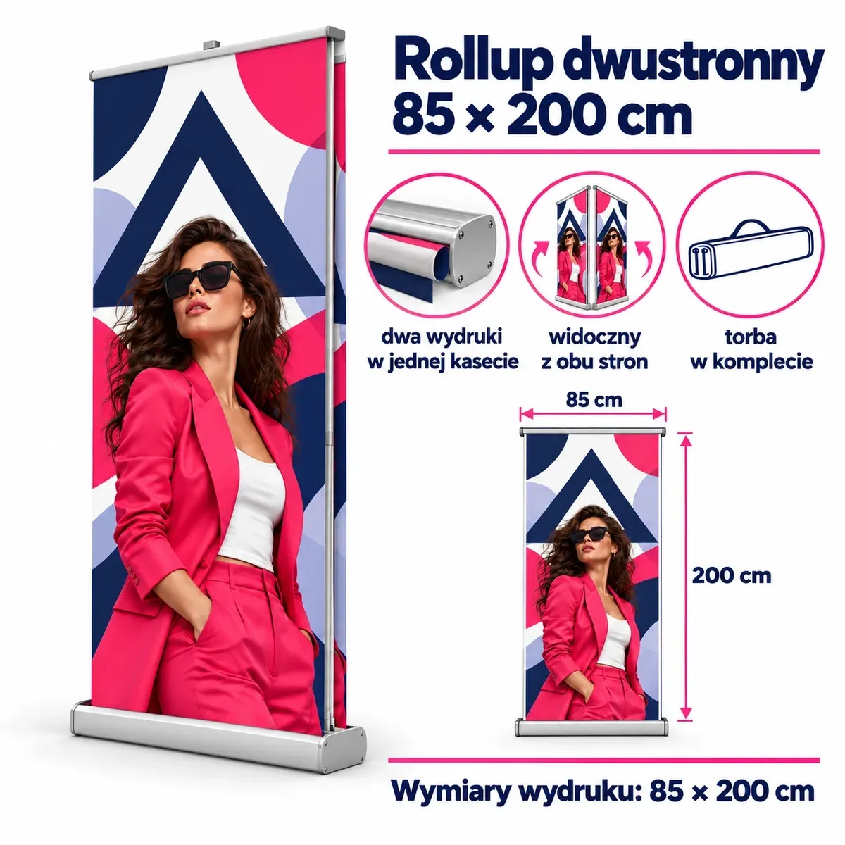 Rollup doppelseitig 85×200 cm – technisches Datenblatt mit Maßen und Ausstattung