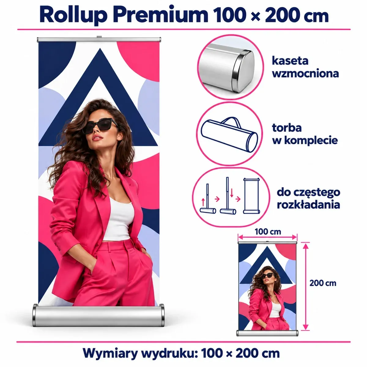 Rollup premium 100×200 cm – karta techniczna z wymiarami i wyposażeniem