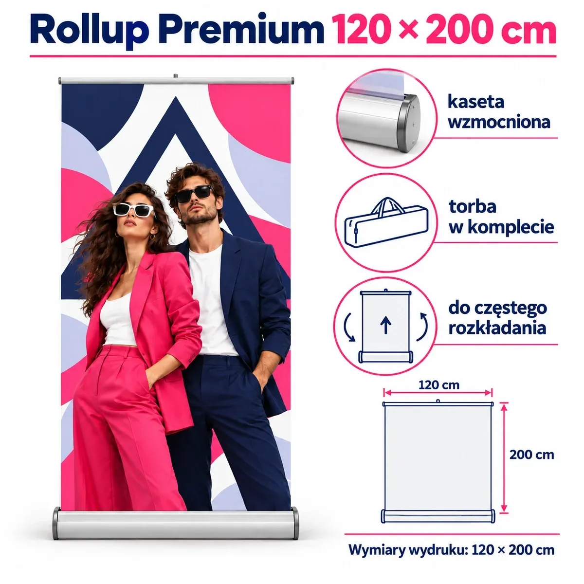 Rollup premium 120×200 cm – karta techniczna z wymiarami i wyposażeniem