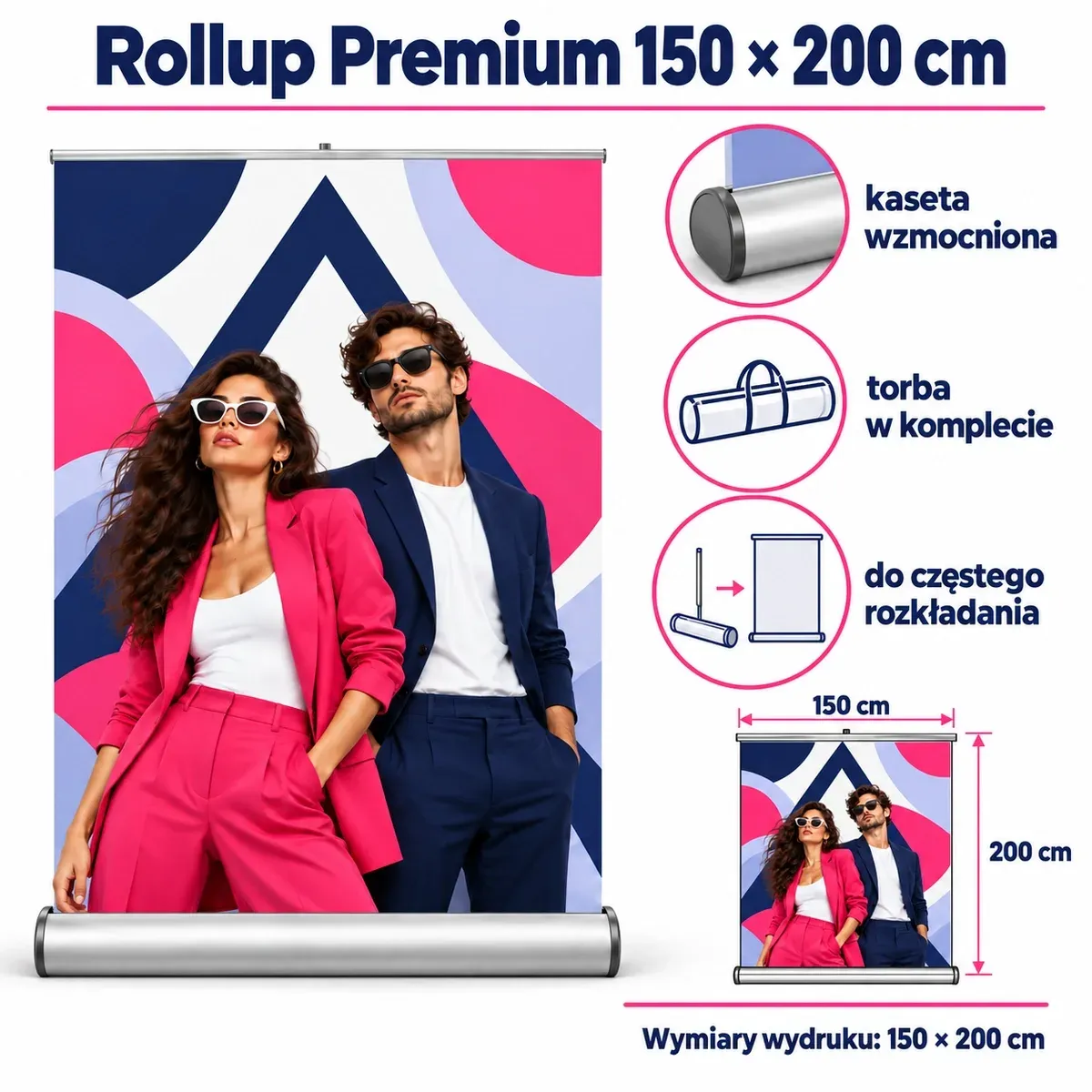 Rollup premium 150×200 cm – karta techniczna z wymiarami i wyposażeniem