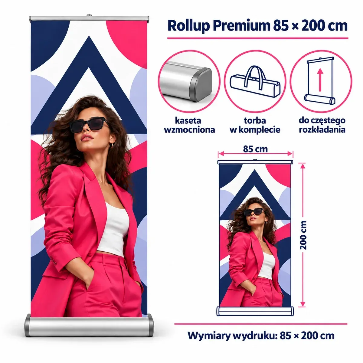 Rollup premium 85×200 cm – karta techniczna z wymiarami i wyposażeniem