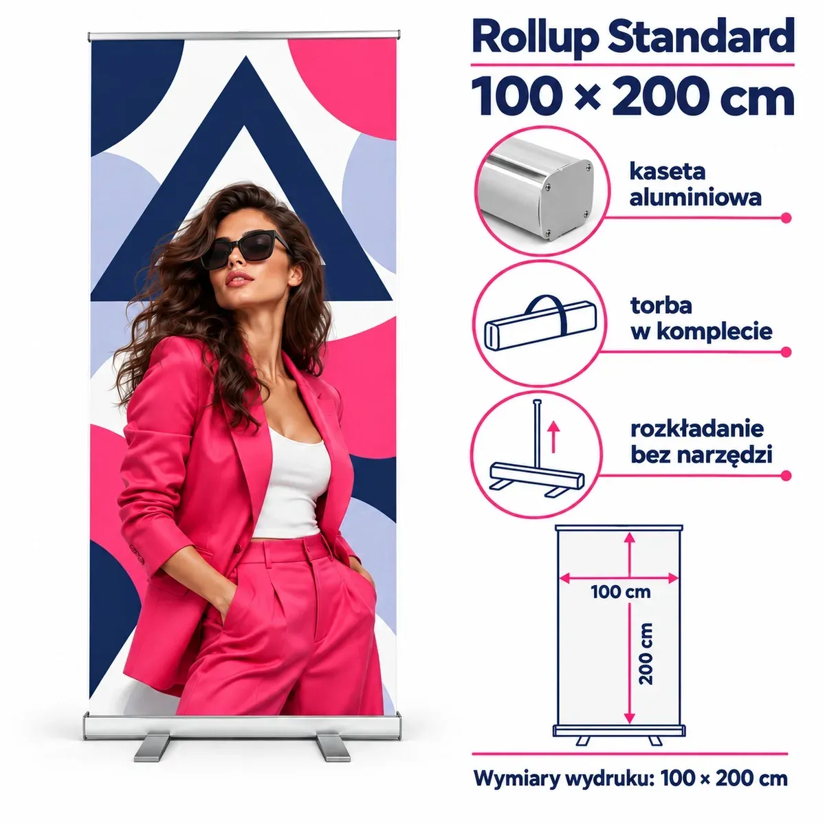 Rollup standard 100×200 cm – karta techniczna z wymiarami i wyposażeniem