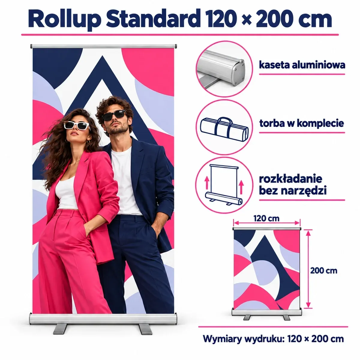 Rollup standard 120×200 cm – karta techniczna z wymiarami i wyposażeniem