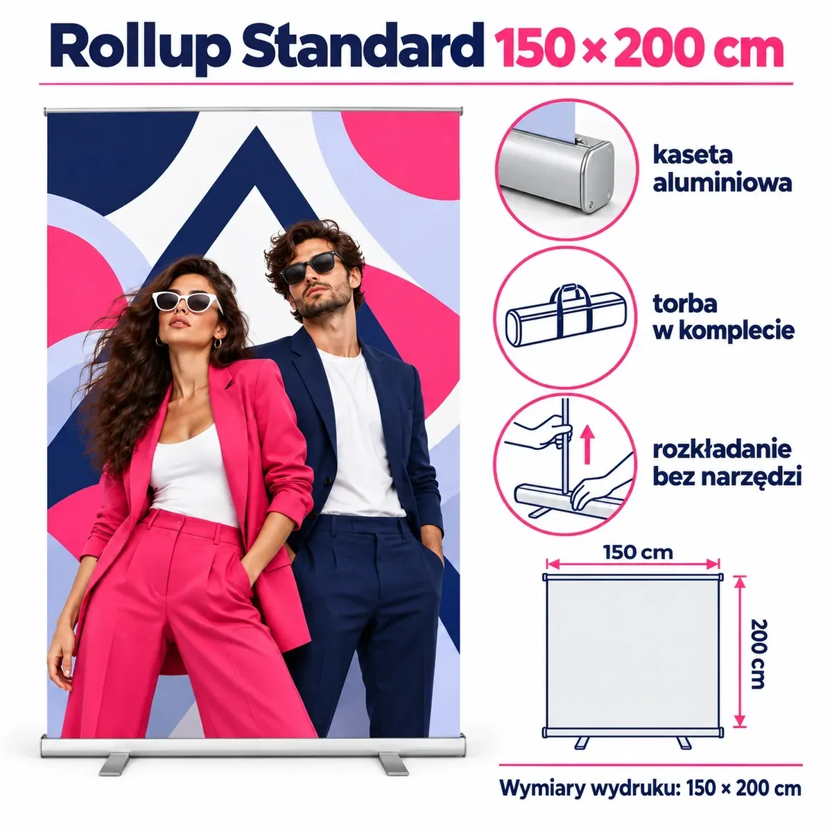 Rollup standard 150×200 cm – karta techniczna z wymiarami i wyposażeniem