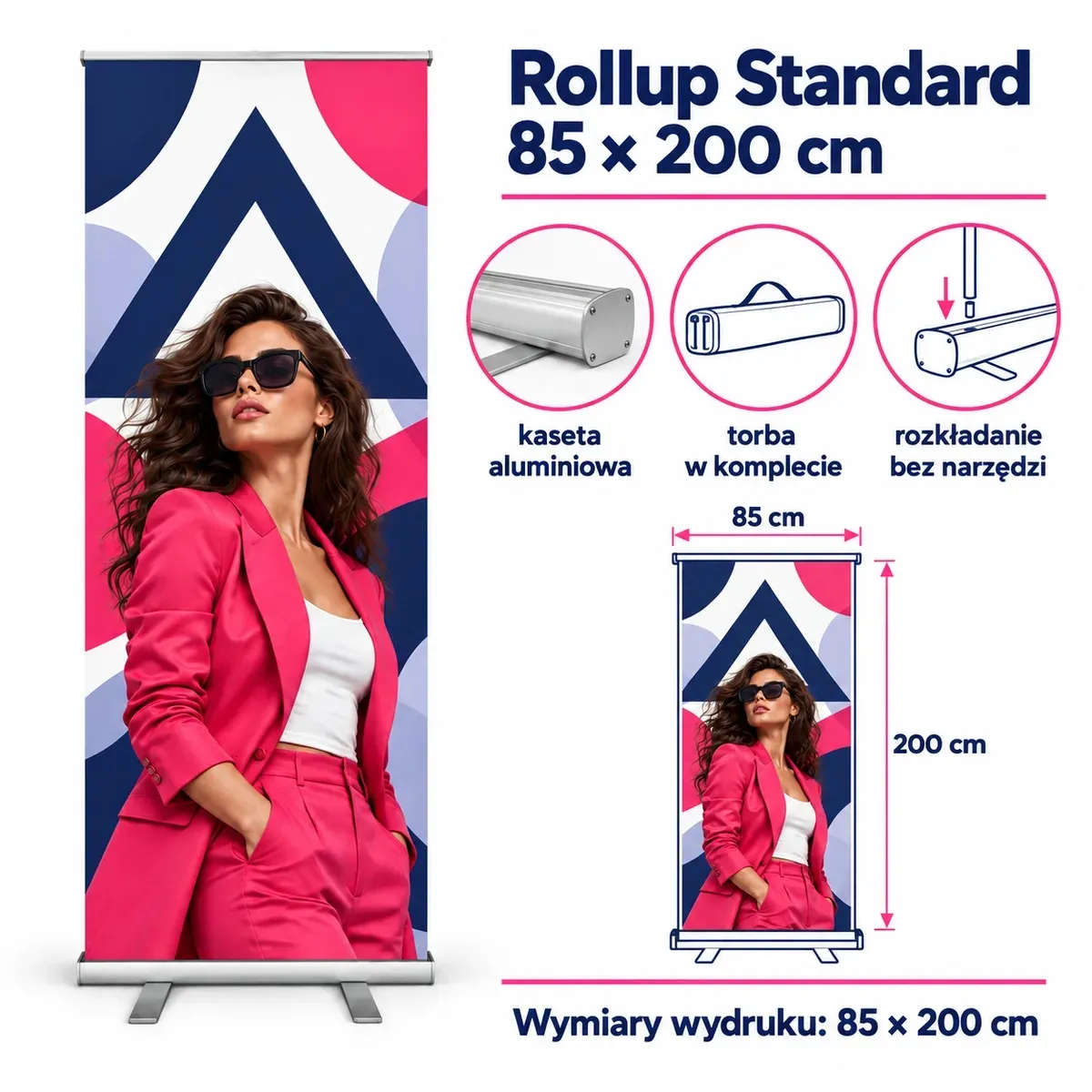 Rollup standard 85×200 cm – karta techniczna z wymiarami i wyposażeniem