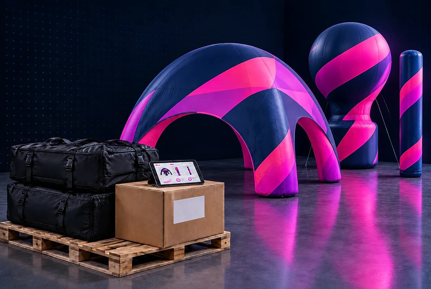 Carpa, globo y columna hinchables con los colores de la marca junto a un palé con bolsas de transporte listas para el envío