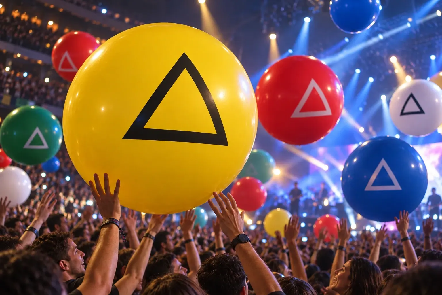 Close-up of a yellow 90 cm latex balloon with a single-colour logo print, held up above the crowd.
