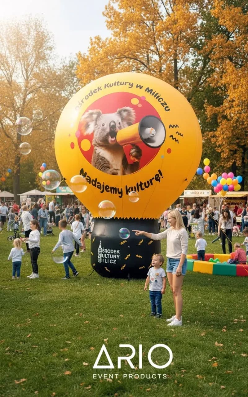 Balon reklamowy Ośrodka Kultury w Miliczu Balon pneumatyczny z hasłem „Nadajemy kulturę!" nad stoiskiem Ośrodka Kultury w Miliczu podczas pikniku.