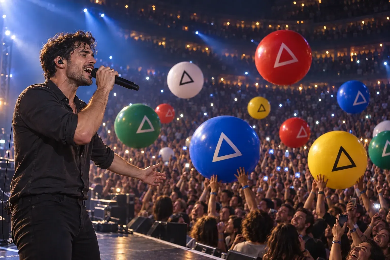 A singer on stage with printed concert balloons floating above the audience.