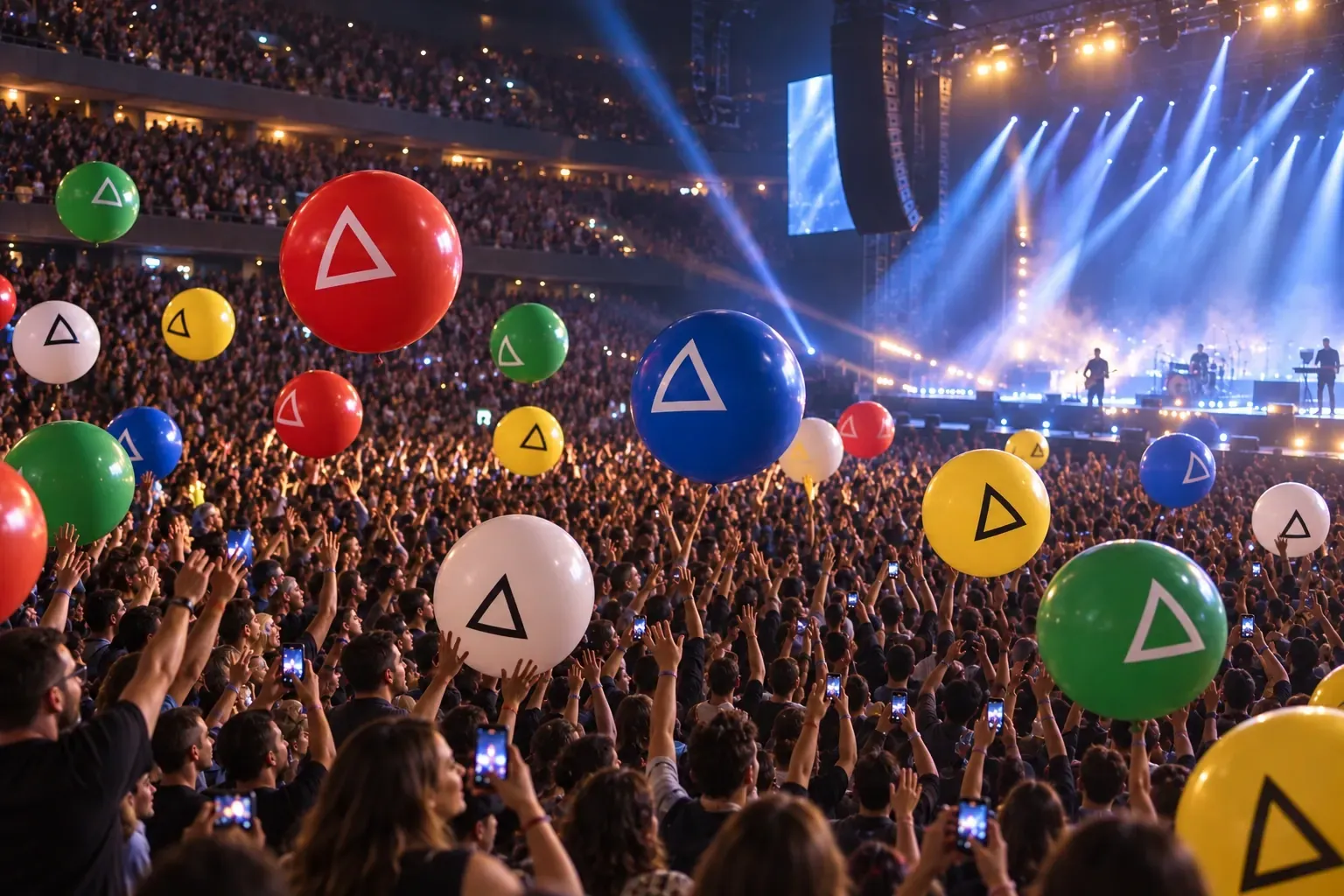 Colourful printed concert balloons floating above the audience during a show.