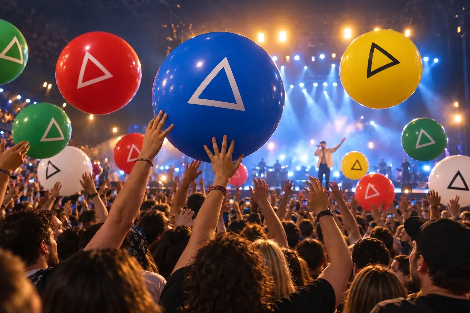 Concert balloons bounced by hands in the crowd, with the lit stage behind.