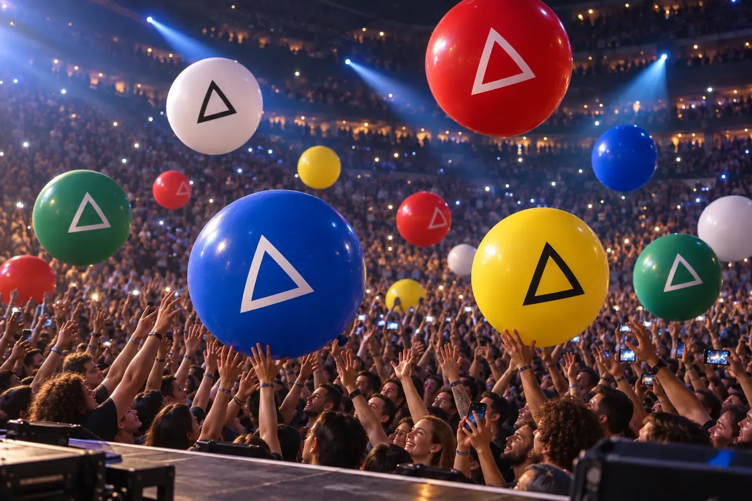 View from the stage over an audience with concert balloons in the air.