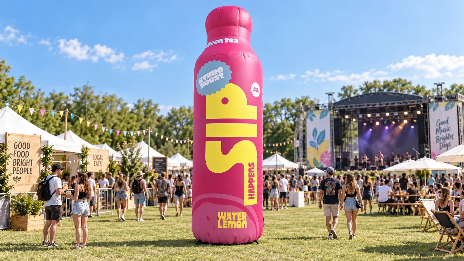 Aufblasbare Werbeflasche auf einem Musikfestival, neben Bühne und Gastronomiebereich.
