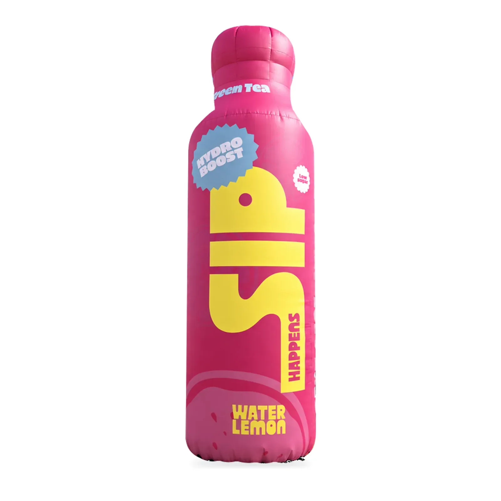 Aufblasbare Werbeflasche mit vollflächigem Druck, pink, vor weißem Hintergrund.