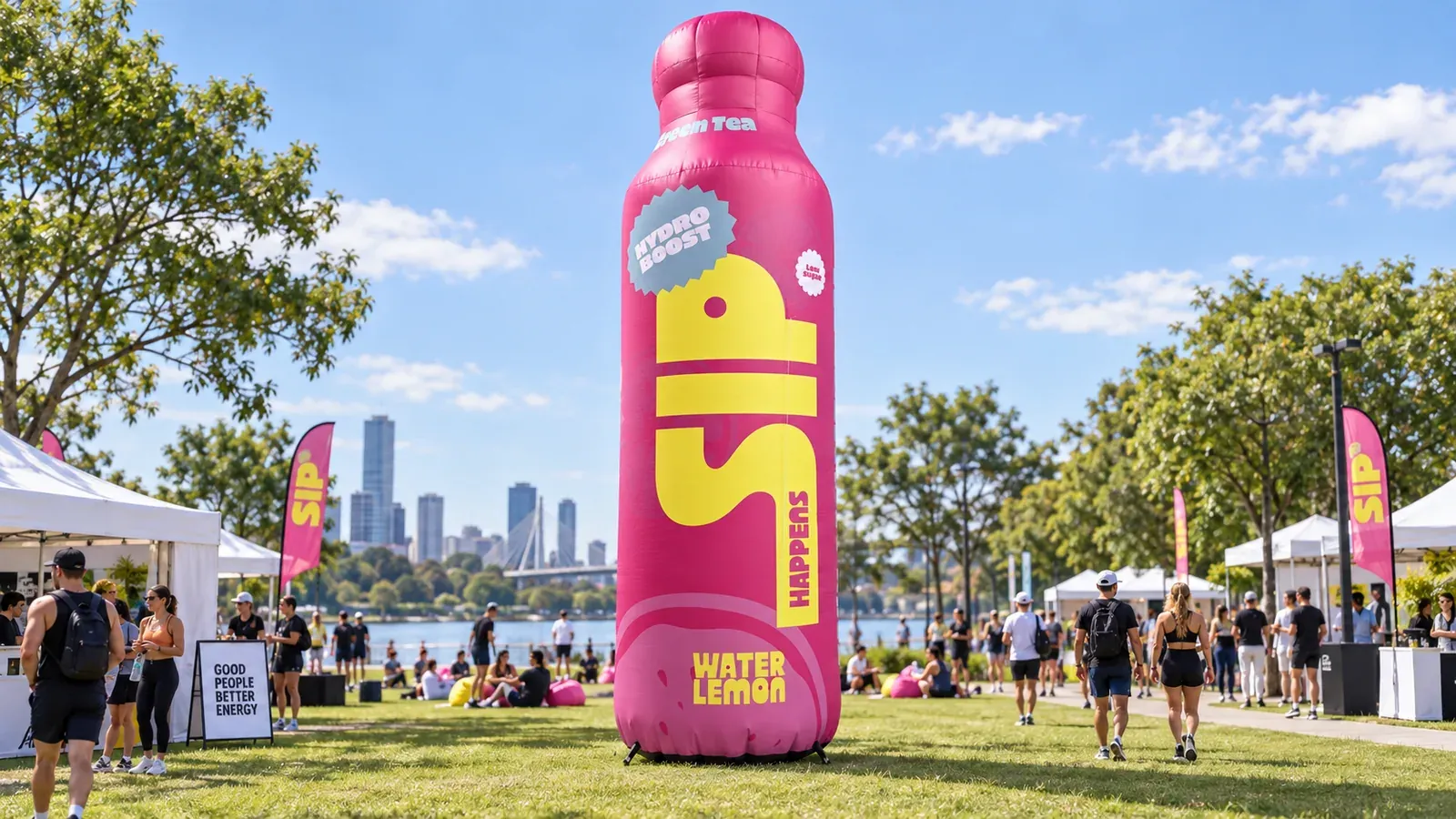Aufblasbare Werbeflasche in einer städtischen Eventzone am Fluss, im Hintergrund die Skyline.