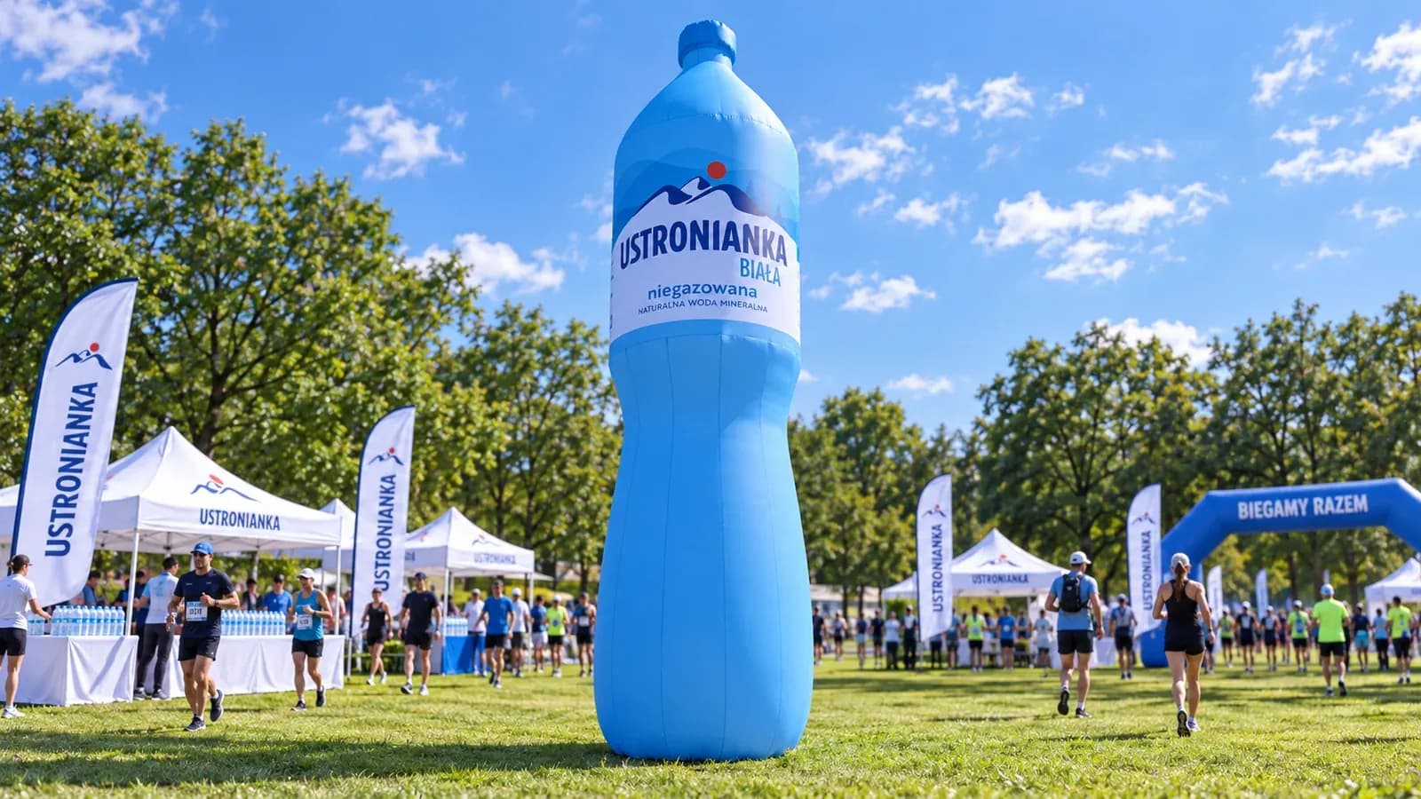 Aufblasbare Werbeflasche an einer Laufstrecke am See, neben Zelten und Werbefahnen.