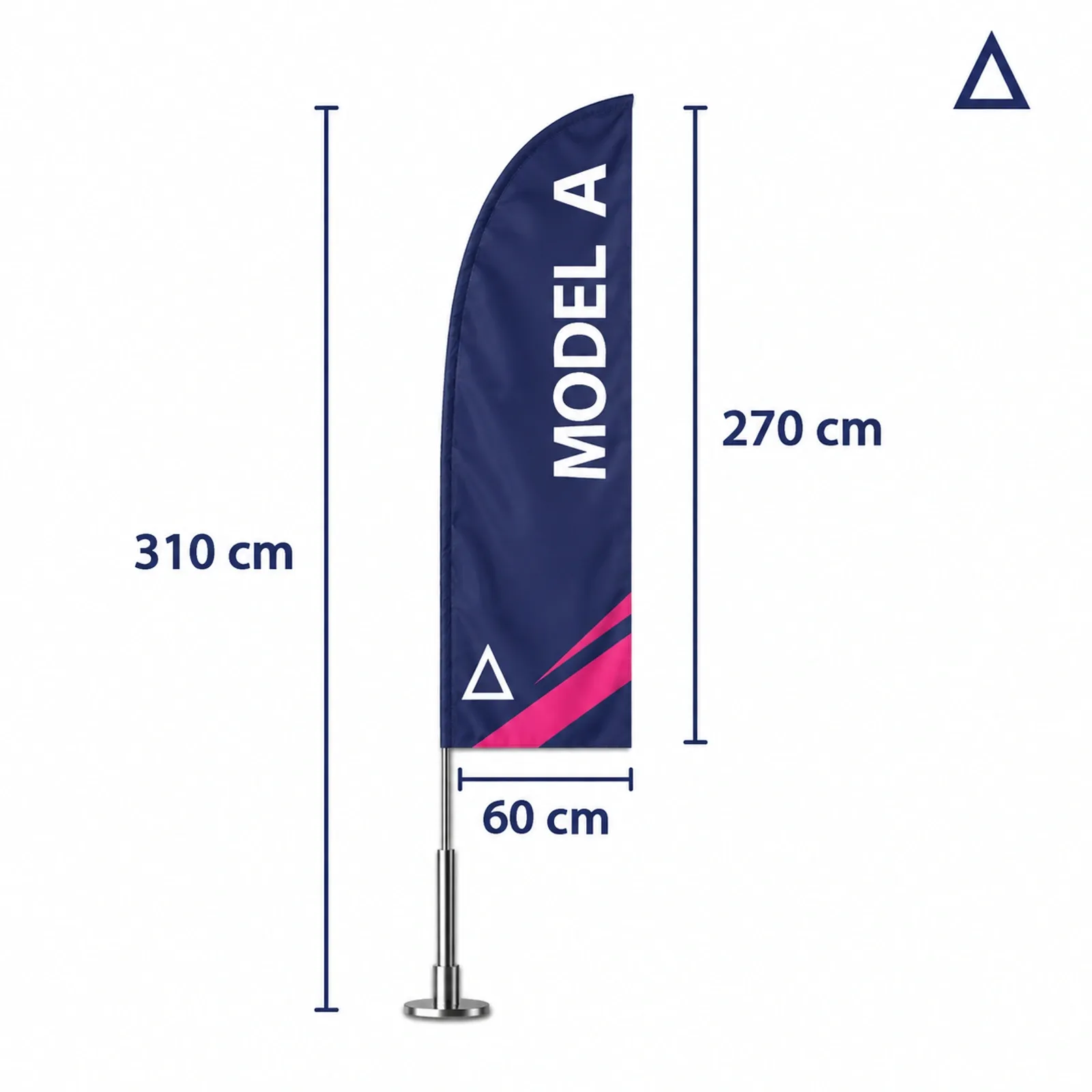 Werbefahne M A an einem 310 cm hohen Mast, Fahnenblatt 270×60 cm, vor weißem Hintergrund.