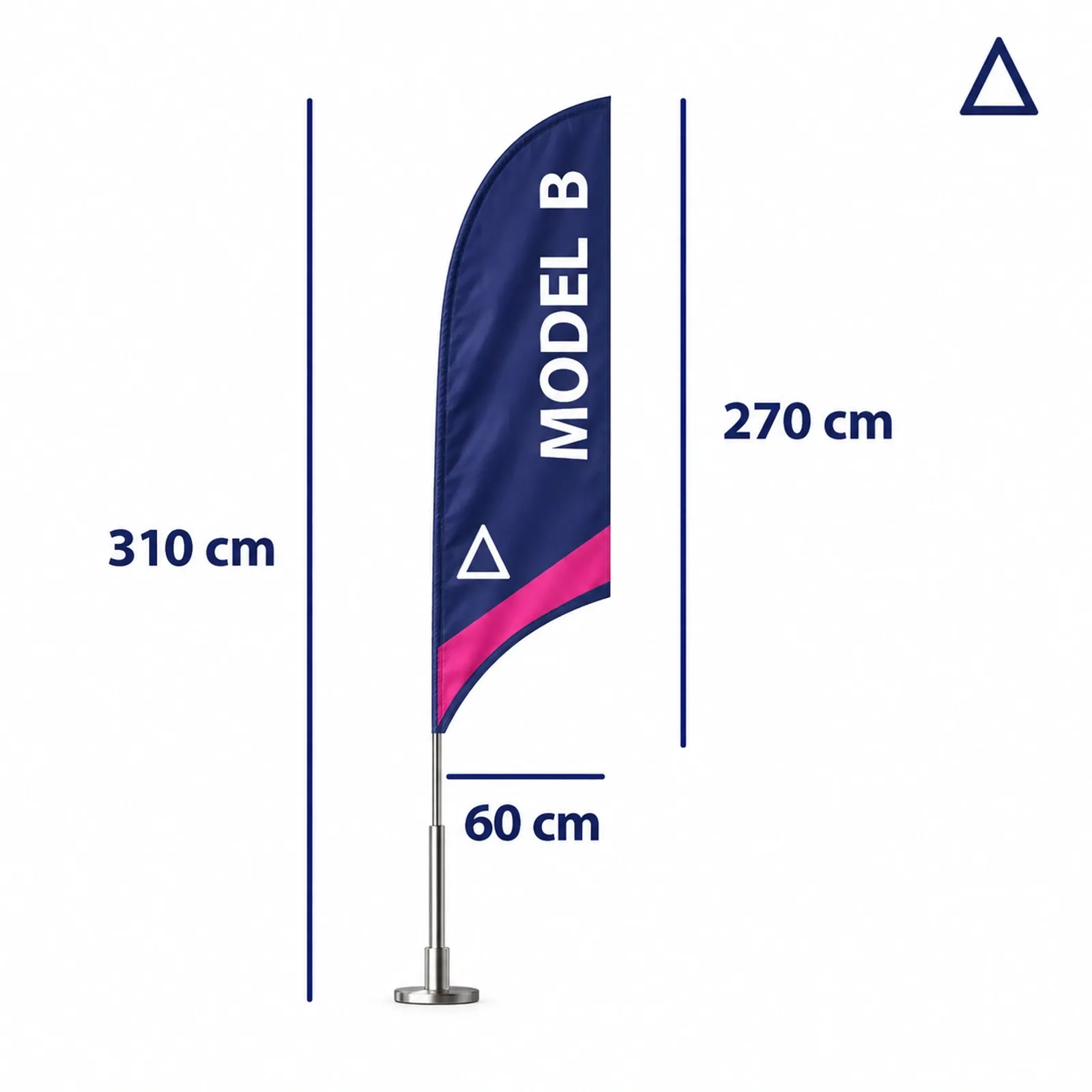 Werbefahne M B an einem 310 cm hohen Mast, Fahnenblatt 270×60 cm, vor weißem Hintergrund.
