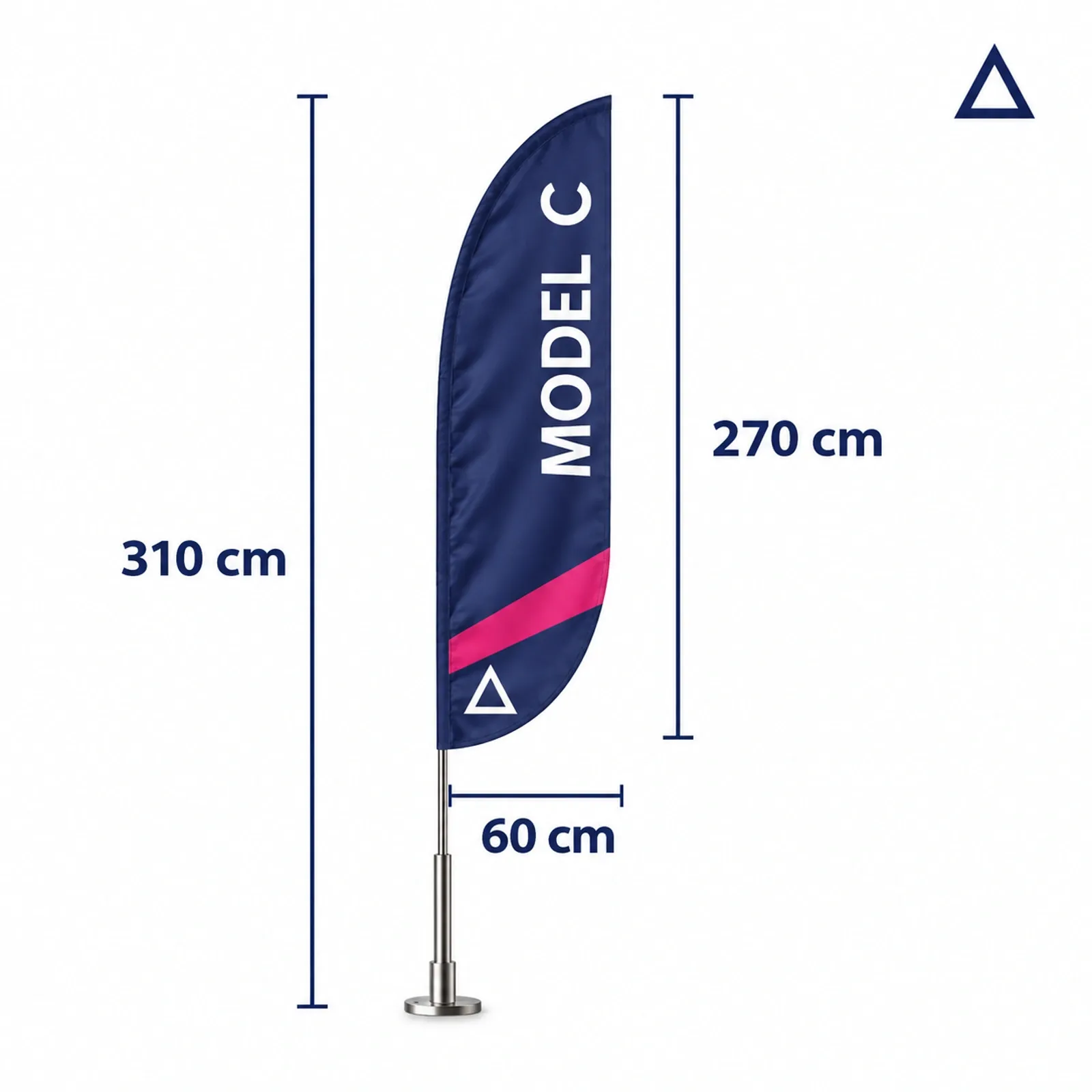 Werbefahne M C an einem 310 cm hohen Mast, Fahnenblatt 270×60 cm, vor weißem Hintergrund.