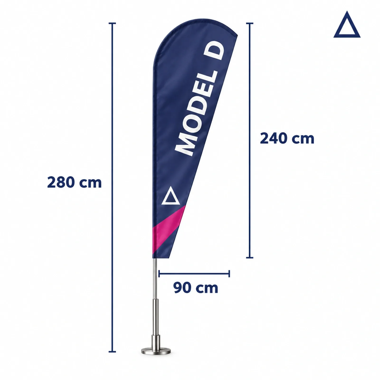 Werbefahne M D an einem 280 cm hohen Mast, Fahnenblatt 240×90 cm, vor weißem Hintergrund.