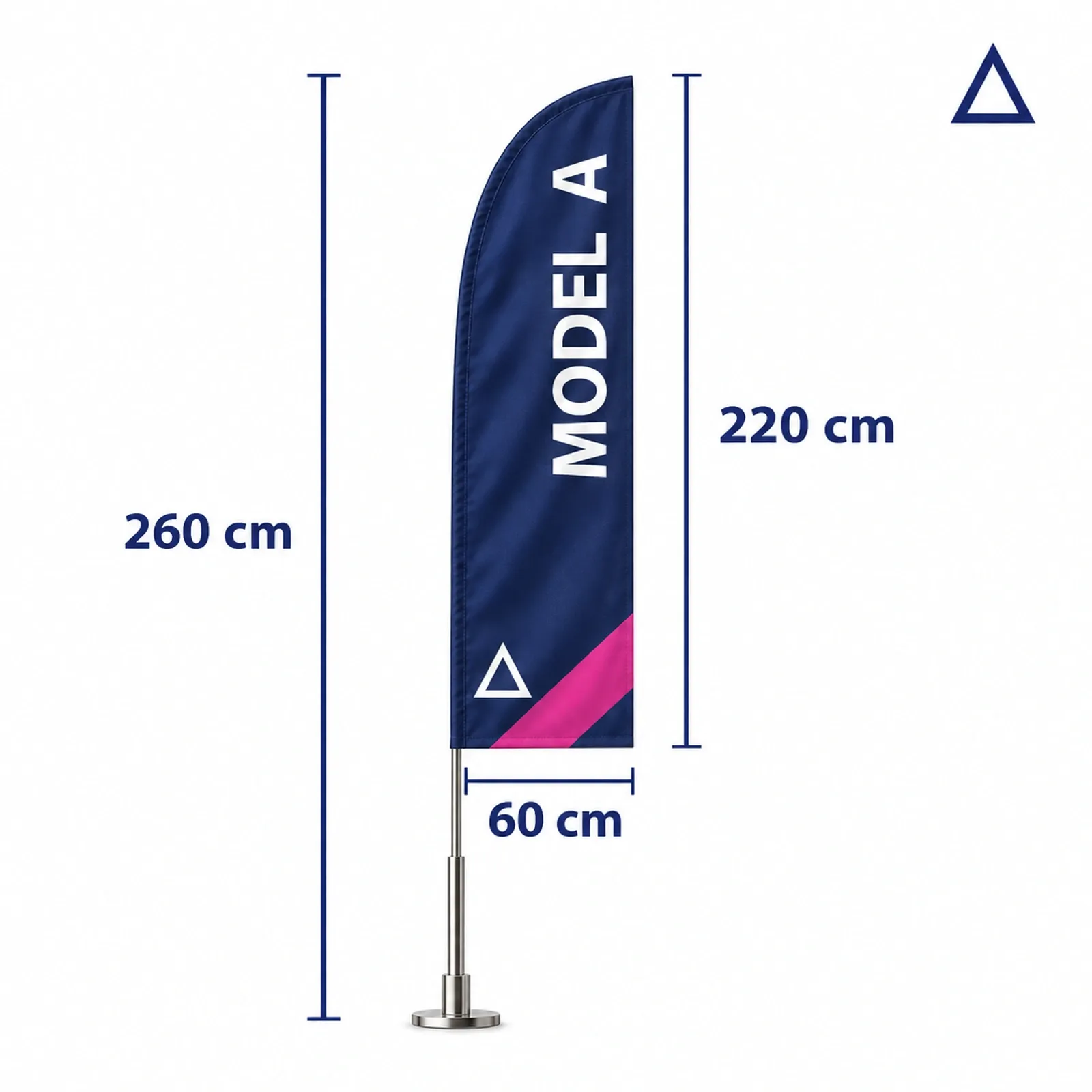 Drapeau publicitaire S A sur mât de 260 cm, voile 220×60 cm, sur fond blanc.