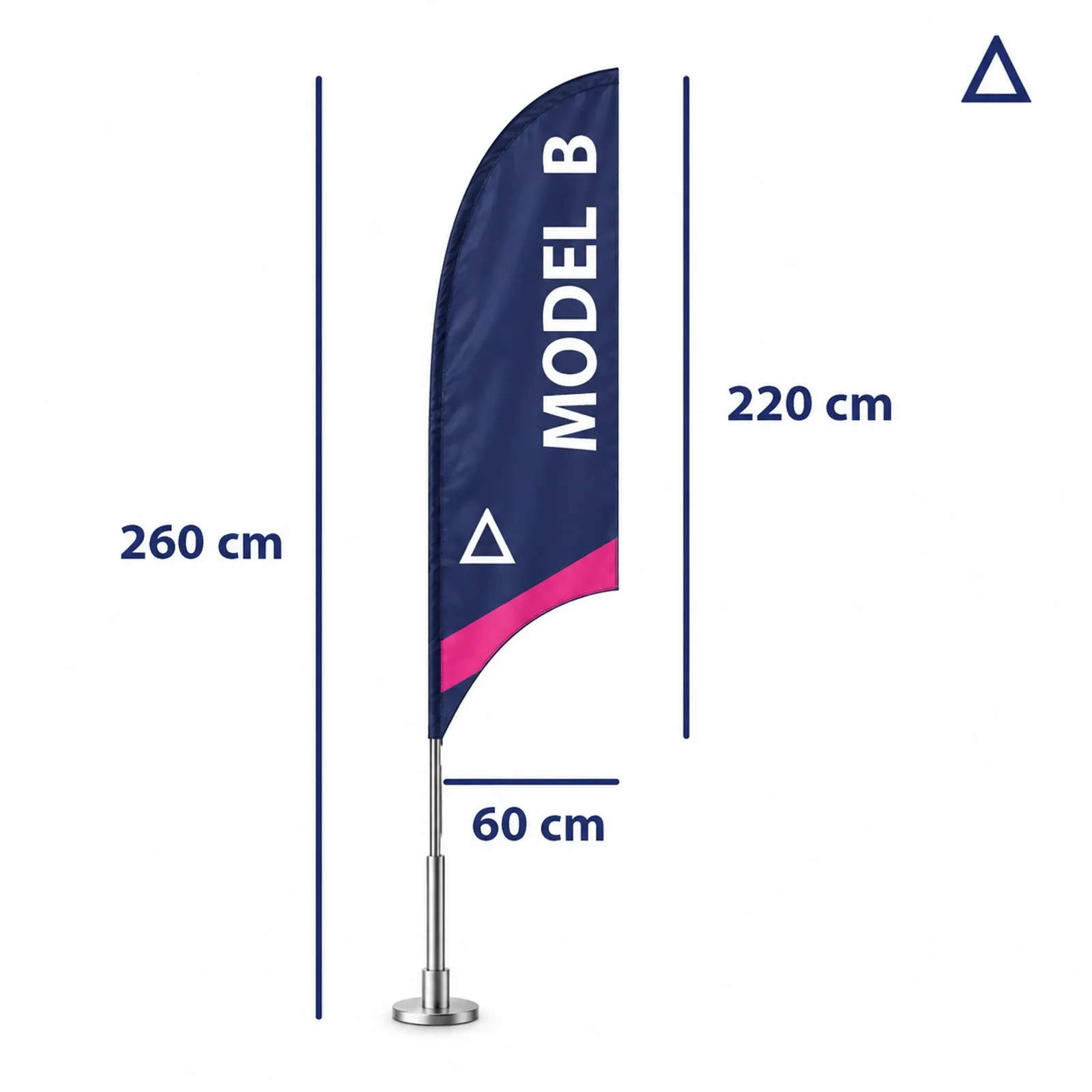 Drapeau publicitaire S B sur mât de 260 cm, voile 220×60 cm, sur fond blanc.