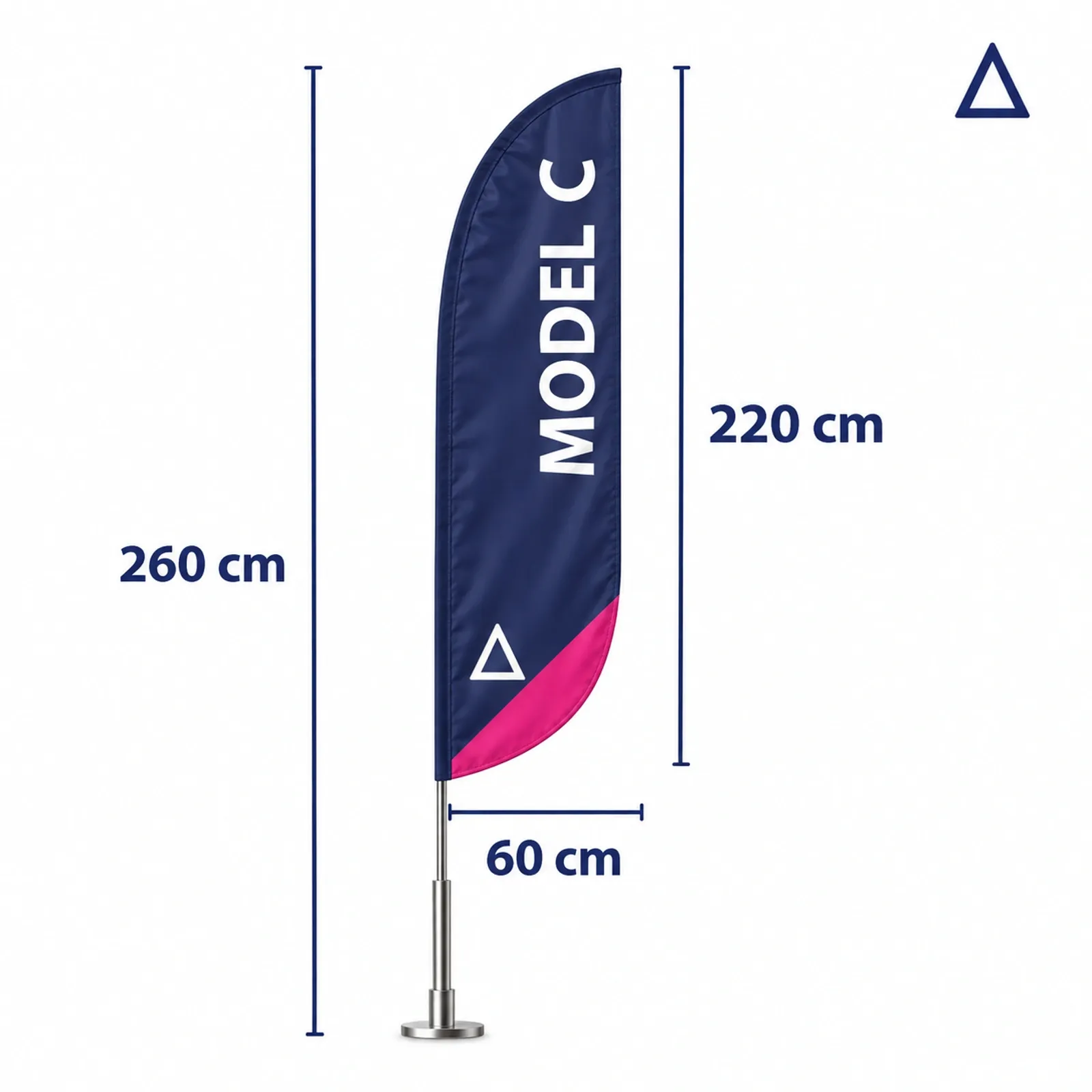 Drapeau publicitaire S C sur mât de 260 cm, voile 220×60 cm, sur fond blanc.