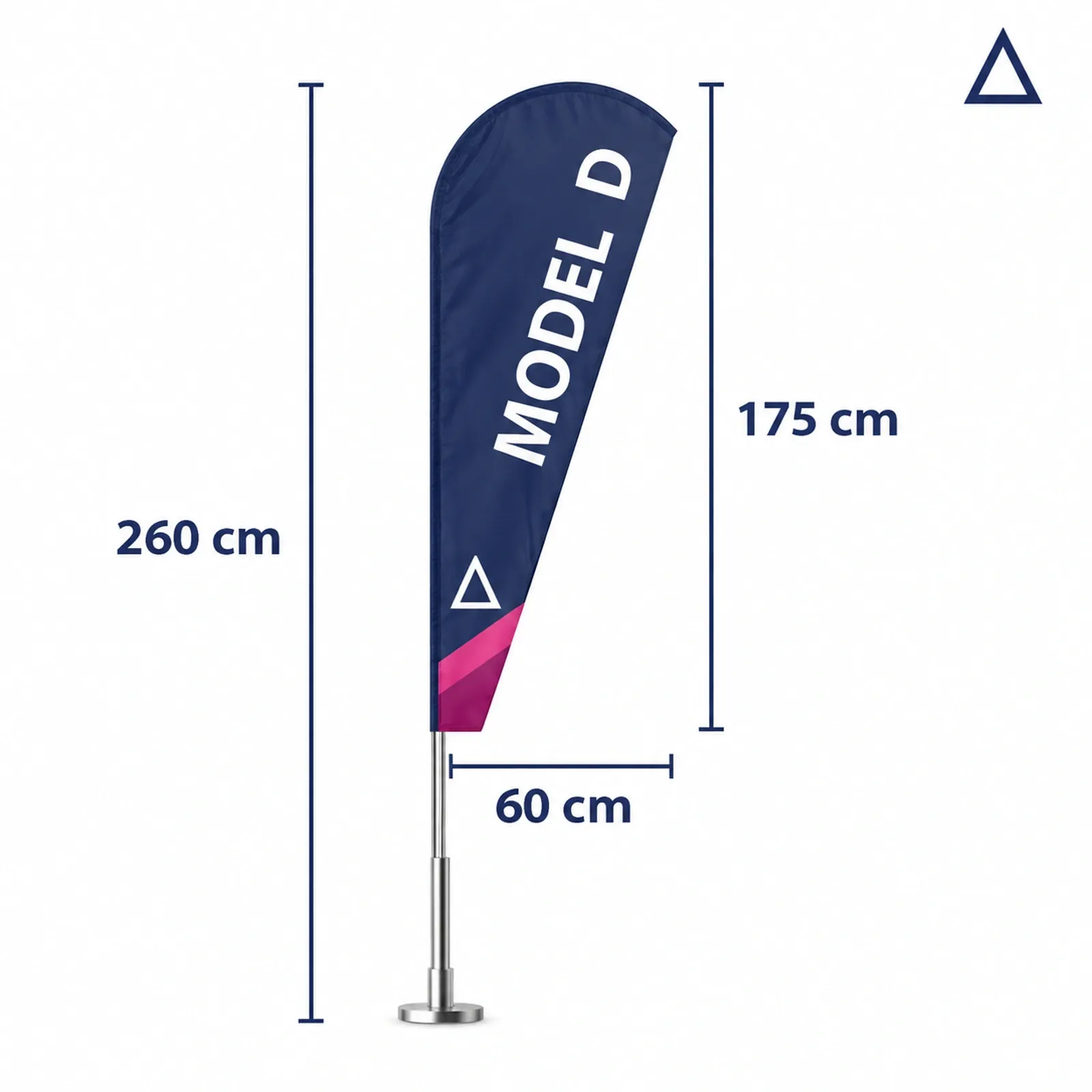 Werbefahne S D an einem 260 cm hohen Mast, Fahnenblatt 175×60 cm, vor weißem Hintergrund.