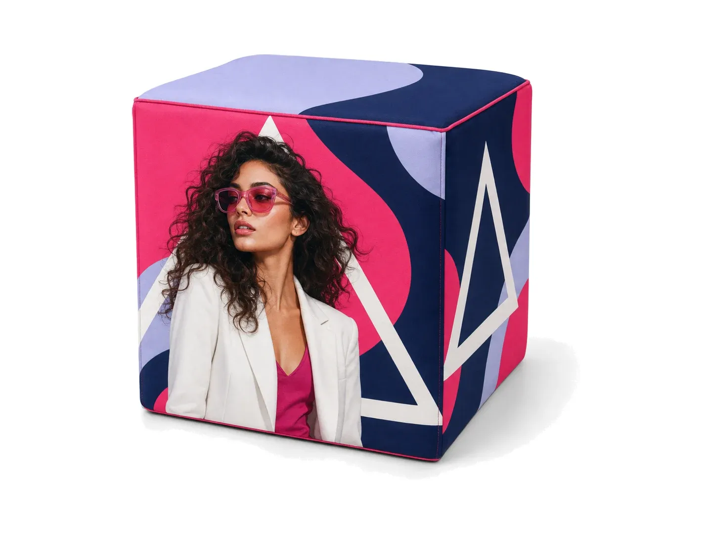 soft foam cube seat with an ARIO print on a white background