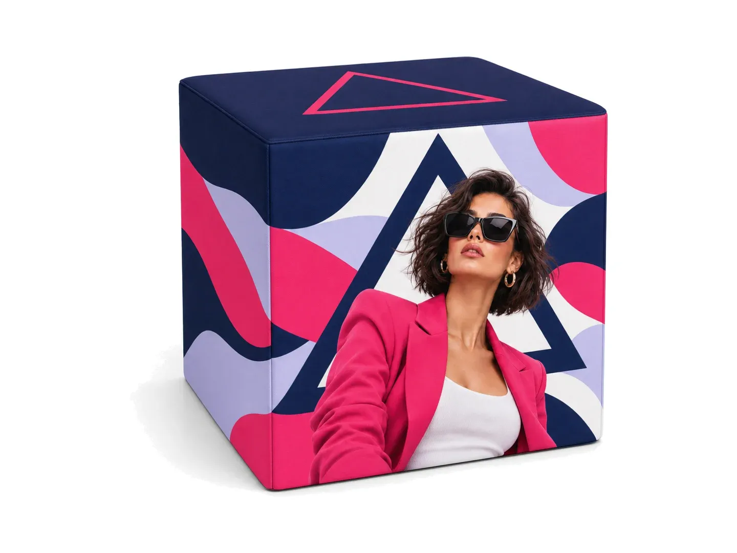 printed cube seat with an ARIO fashion print on a white background