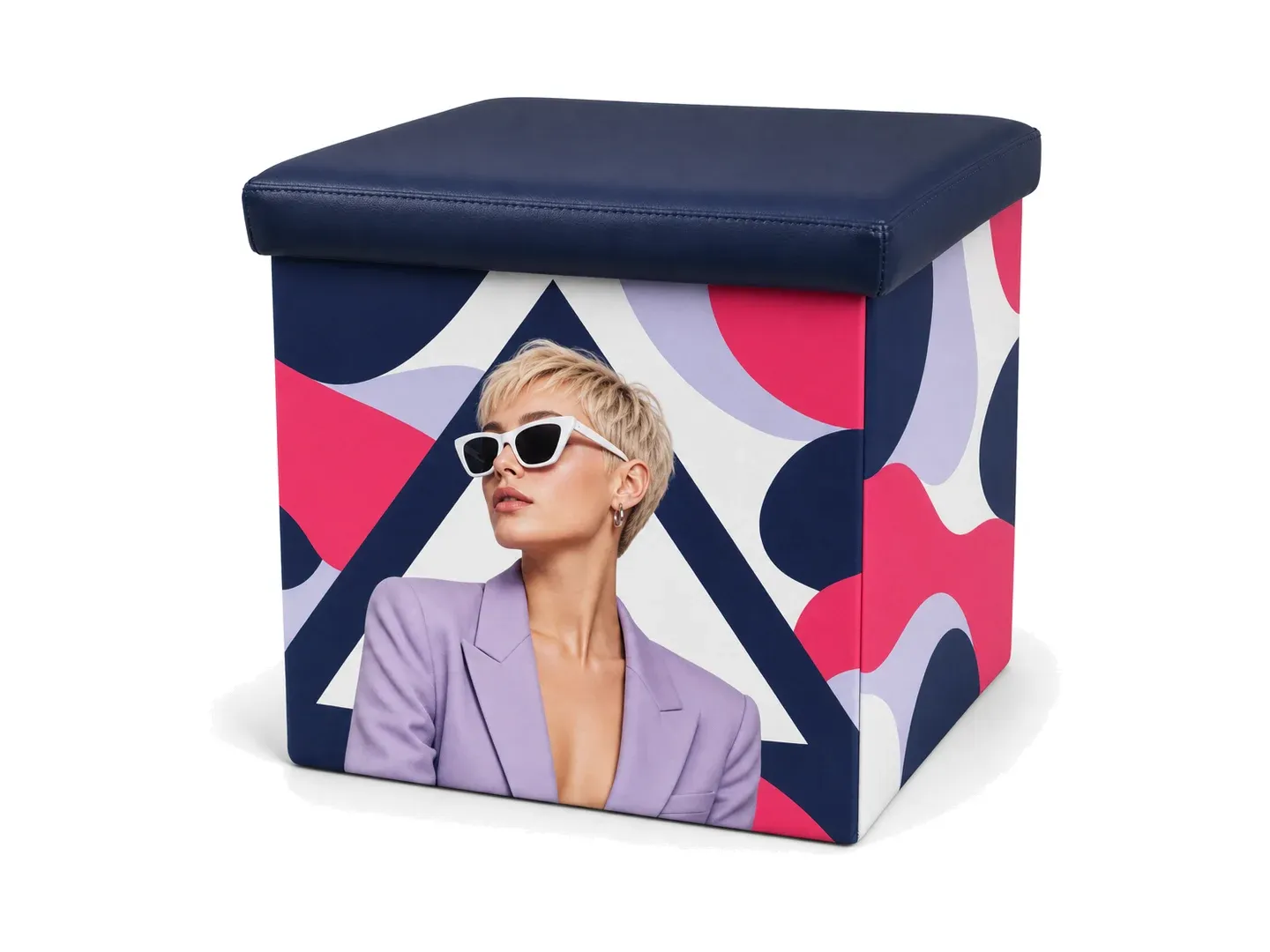 Smart foldable storage cube with upholstered lid and ARIO print