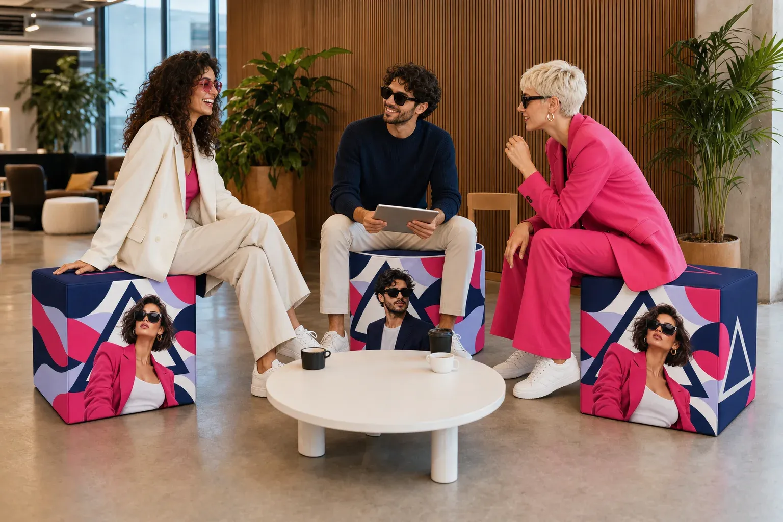 cubes publicitaires ARIO dans un espace détente lors d’un événement