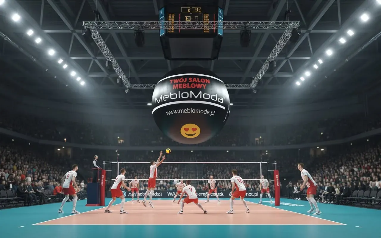Reklamní koule MebloModa nad hřištěm Reklamní koule s logem MebloModa zavěšená nad hřištěm ve volejbalové hale.
