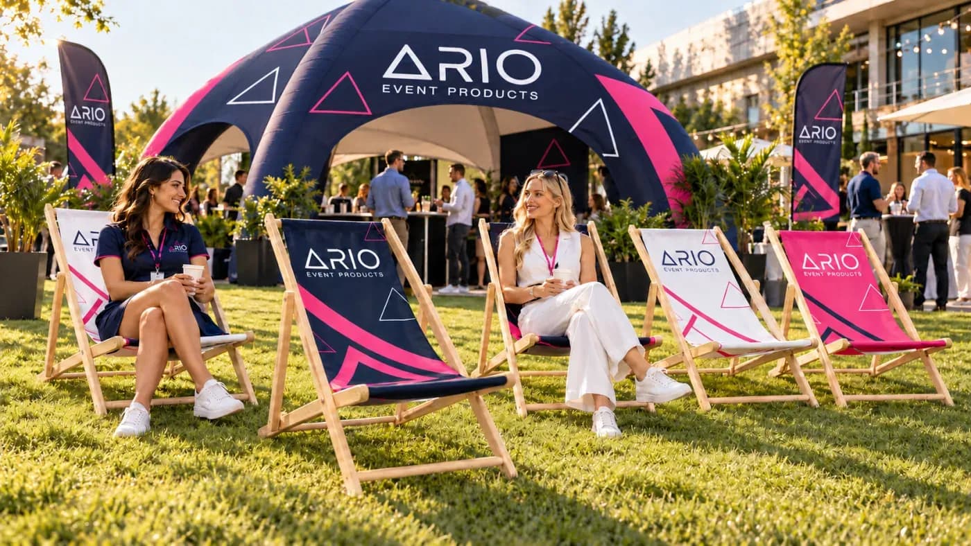 Visualisierung von ARIO-Werbeliegestühlen in einer Chill-out-Zone neben einem Eventzelt