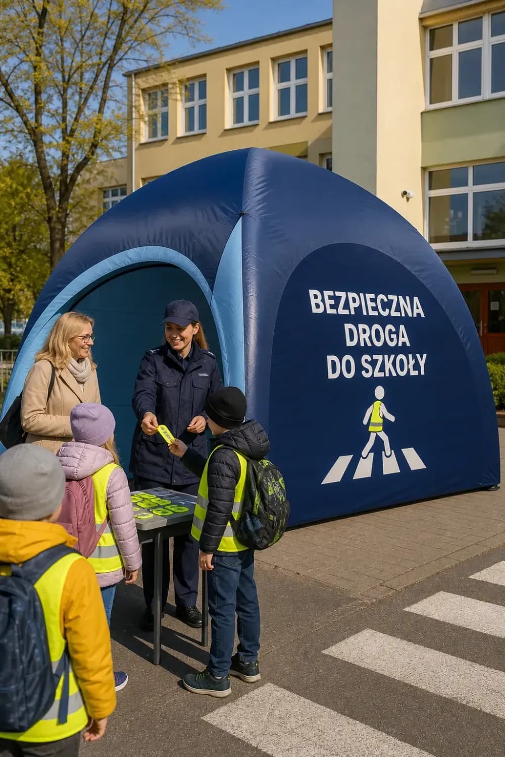 Wizualizacja: granatowy namiot 4 × 4 m z napisem Bezpieczna droga do szkoły, policjantka rozdaje dzieciom odblaski