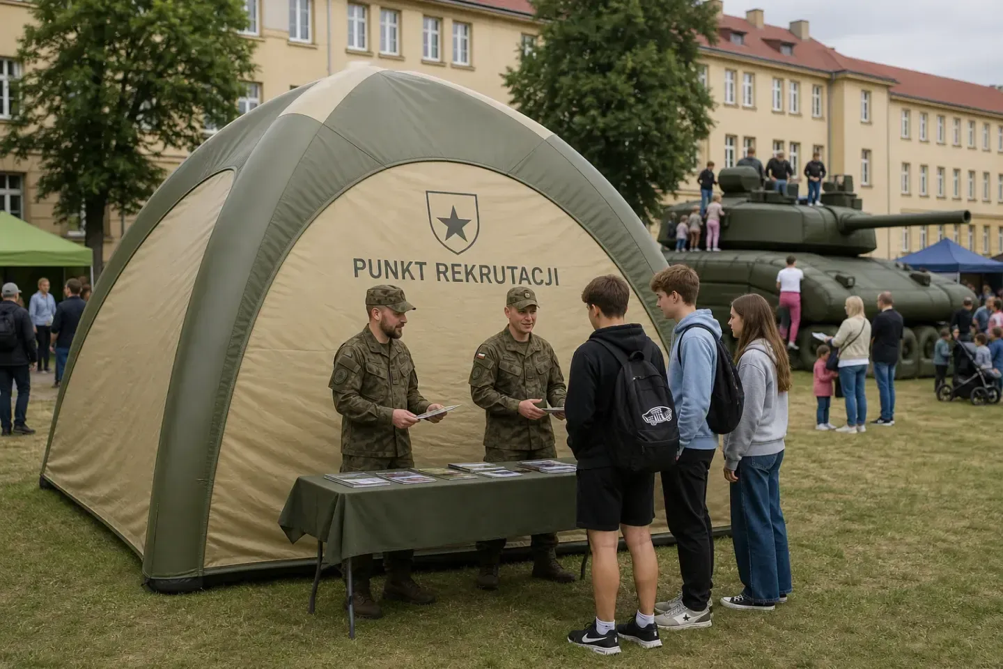 Wizualizacja: oliwkowy dmuchany namiot z napisem Punkt rekrutacji na pikniku wojskowym, żołnierze rozmawiają z młodzieżą