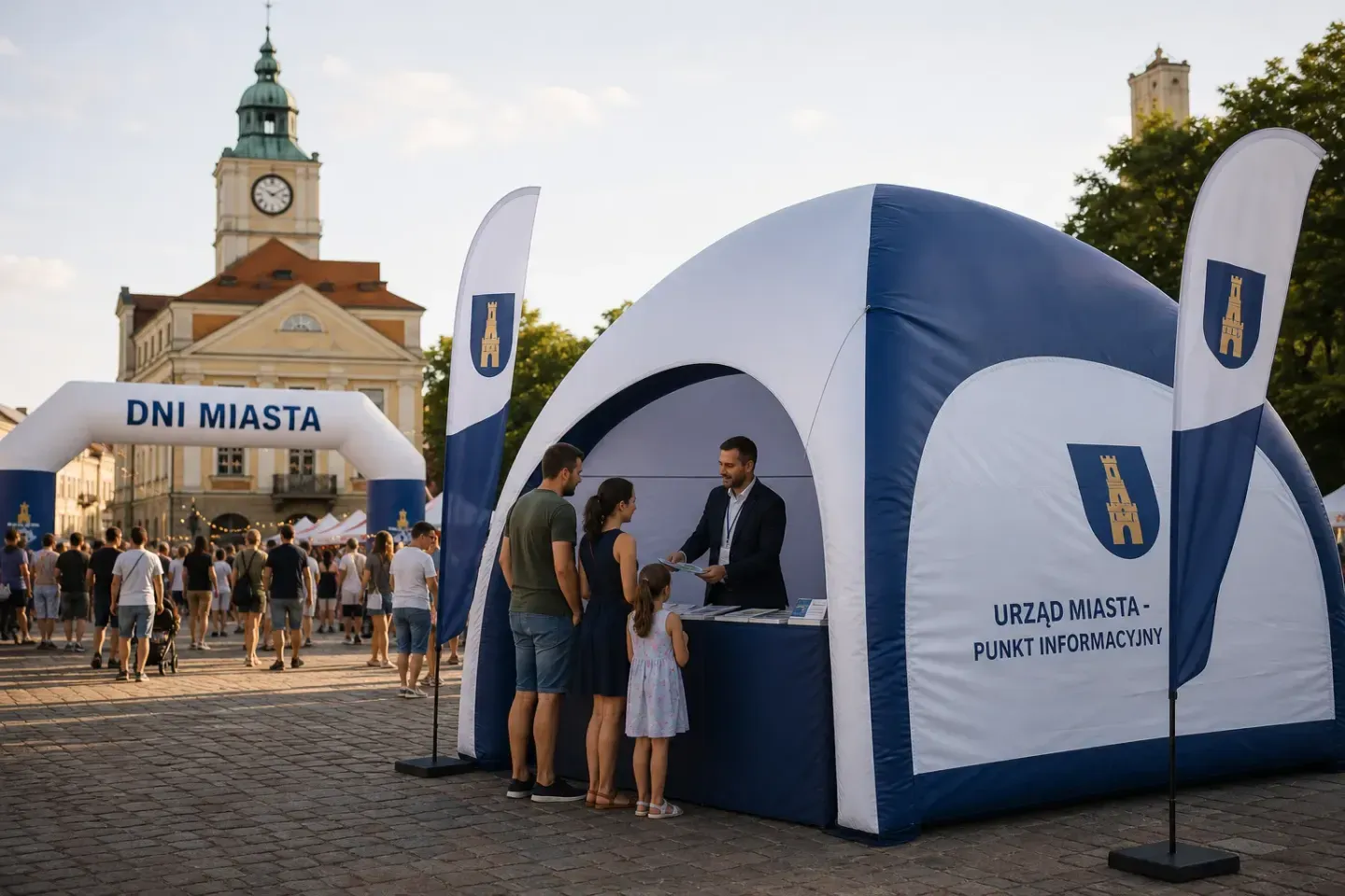 Wizualizacja: namiot 5 × 5 m z herbem i napisem Urząd Miasta – punkt informacyjny na rynku podczas Dni Miasta, flagi i brama