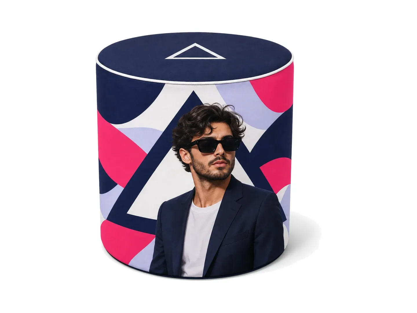printed round pouffe with an ARIO fashion print on a white background