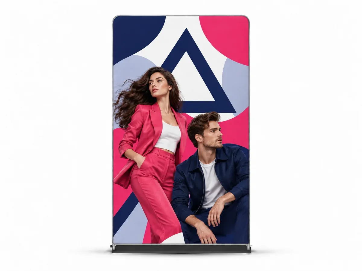 Doppelseitiger Textilstand 120×230 cm mit Druck, auf weißem Hintergrund
