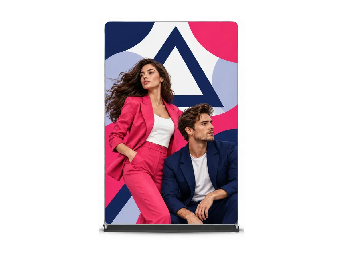 Doppelseitiger Textilstand 150×230 cm mit Druck, auf weißem Hintergrund