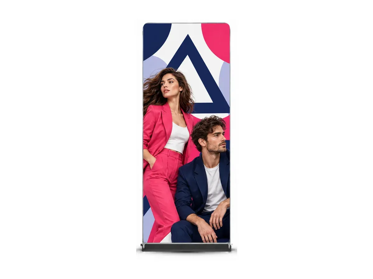 Doppelseitiger Textilstand 90×230 cm mit Druck, auf weißem Hintergrund