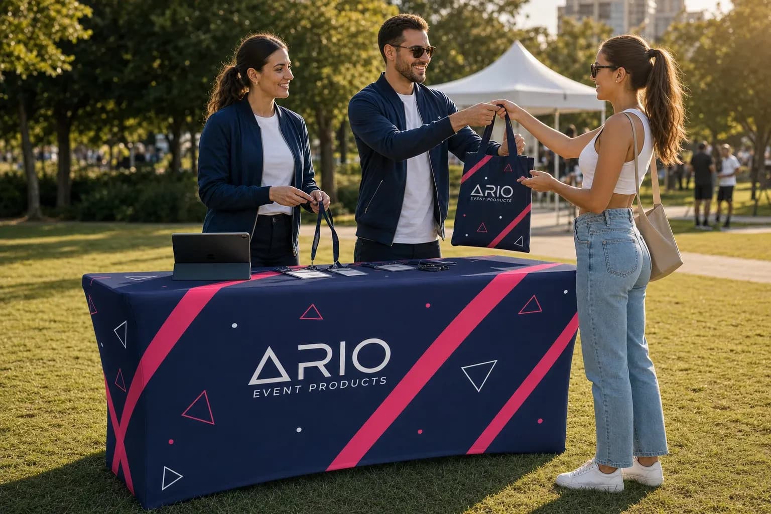 table with an ARIO stretch table cover at an event registration desk