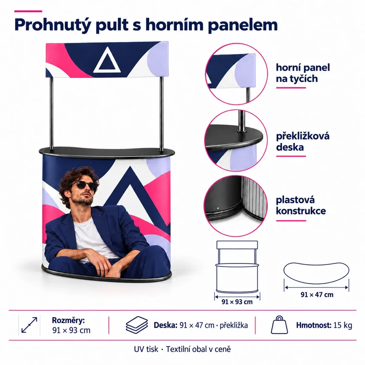 Promo pult obloukový s dodatečným toppem – technická karta s rozměry a vybavením