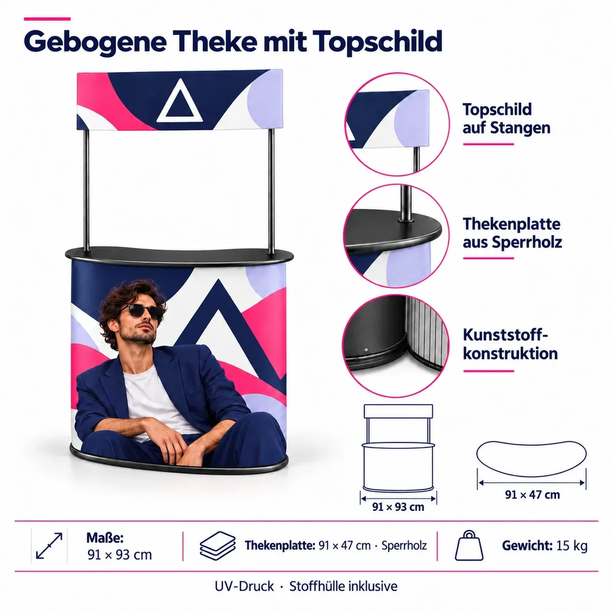Promotiontheke gebogen mit zusätzlichem Topper-Werbeschild – technisches Datenblatt mit Maßen und Ausstattung