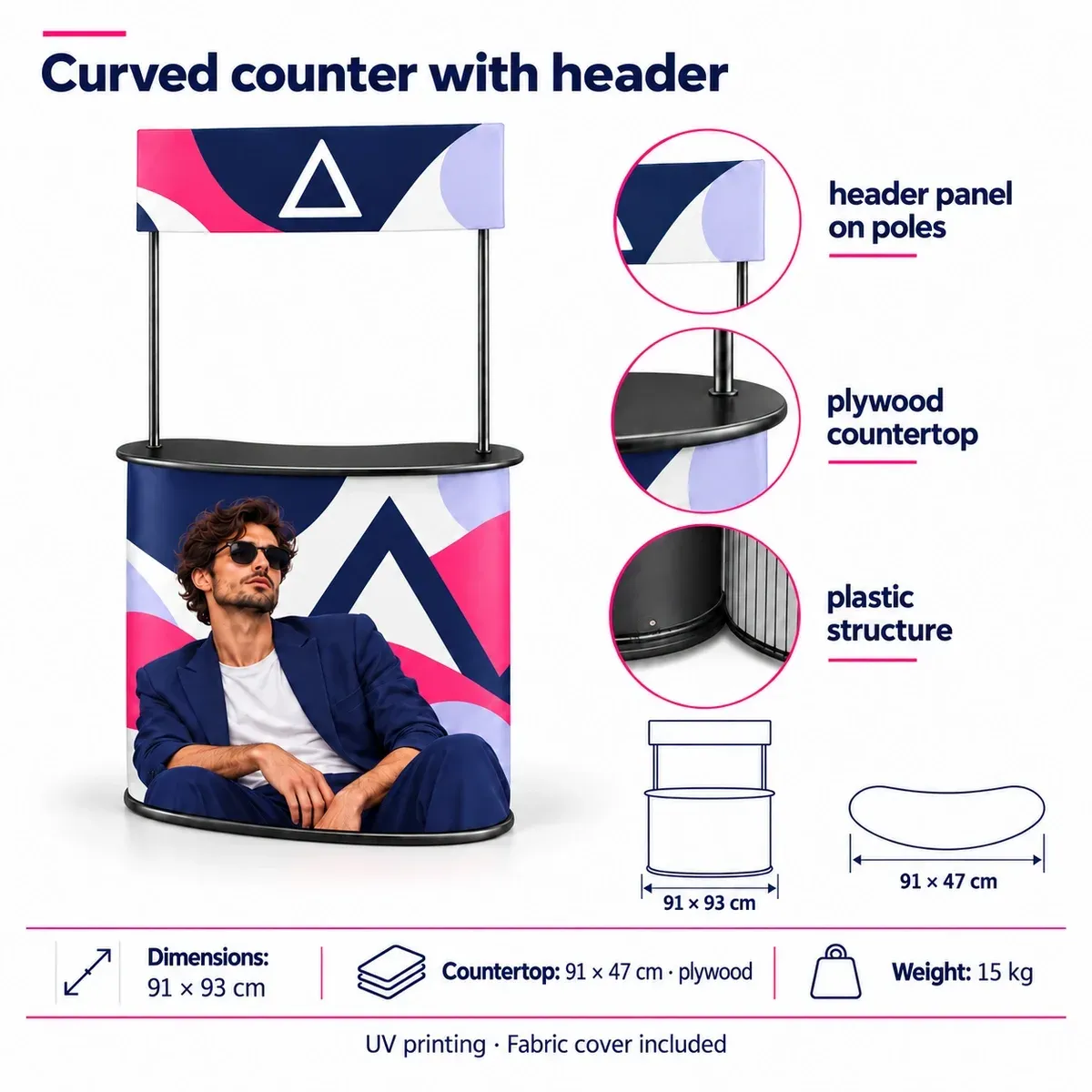 Arched Promo Counter with Additional Topper Sign – technical card with dimensions and equipment
