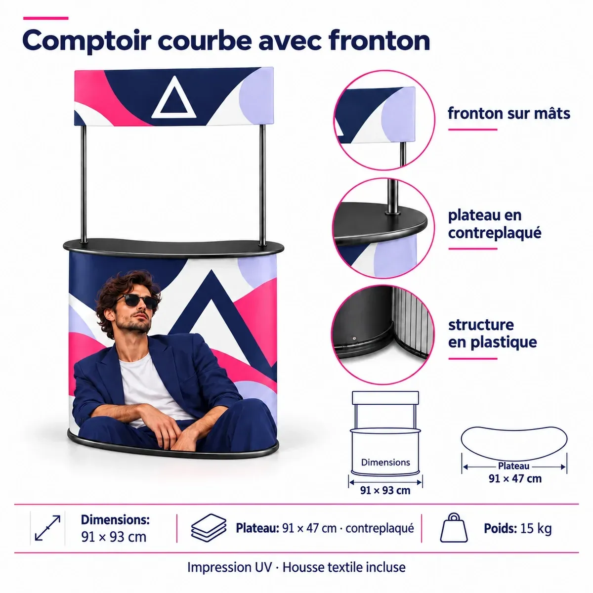 Comptoir gonflable arqué avec topper publicitaire additionnel – fiche technique avec dimensions et équipement